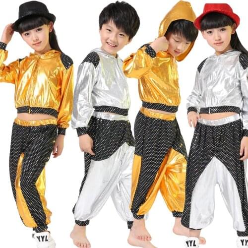 Girls Boys Gold Silver Ballroom Jazz Hip Hop Dance Competition Costume for Kid Clothing Clothes Top Pants Dancing Wear