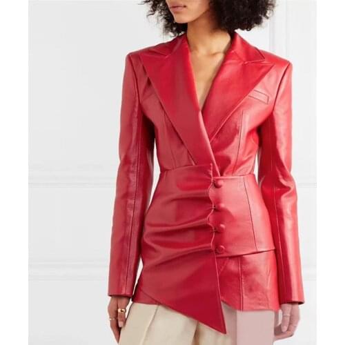 Solid PU Leather Jacket Women 2020 New Autumn Clothes Turn-collar Long Sleeve Irregular Slim Waist Seal Tops Female Coat DD019