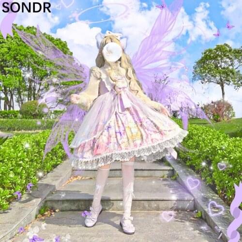 Kawaii Lolita Strap Dress Girls Jsk Lace Stitching Sleeveless Lolita Dresses Sweet Cute Vintage Printing Party Sling Dress Women