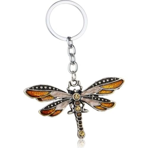 Silver Plated Alloy Circle Many Colors Dragonfly Shape Key Chain with Rhinestone Fashion Jewelry