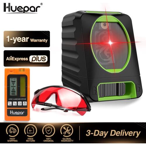 Huepar Self-leveling Red Beam Cross Line Laser Level+LR635 Red Beam Digital Laser Receiver+Red Laser Enhancement Glasses