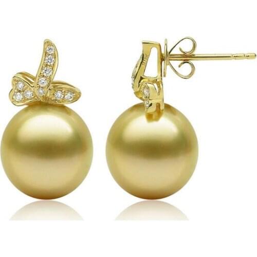 Free Shipping 11-12MM AAA Golden Genuine South Sea Pearl Diamond Drop Earrings 18K Yellow Gold