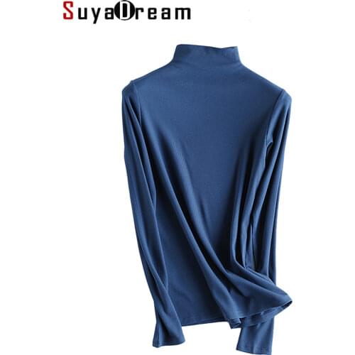 SuyaDream Women Bottoming T Shirt Real Silk Blend Long Sleeves Solid Basic Shirt 2021 Autumn Winter Turtleneck Top