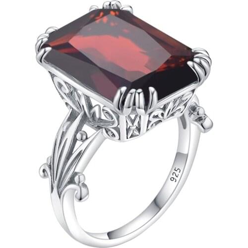 Szjinao 925 Sterling Silver Original Handmade Rings Square Garnet Gemstones Ring For Women Fine Jewelry Carve Engrave Anillos