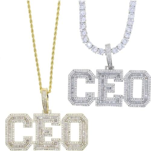 New 5mm Tennis Chain Letter CEO Pendant Necklace Iced Out Bling Cubic Zirconia Gold Sliver CZ Stone Choker Men Hip Hop Jewelry