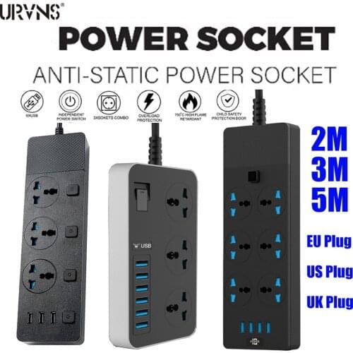 Power Strip 3000W Surge Protector Universal Socket Plug with USB 3/6 AC Outlet, 2/3/5 Meter Extension Cord Charging Station