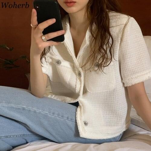 Woherb Korean Chic Vintage Elegant Tweed Jacket Coat Women 2021 Summer Short Sleeve Coats Ladies Casual Outwear Chaqueta Mujer