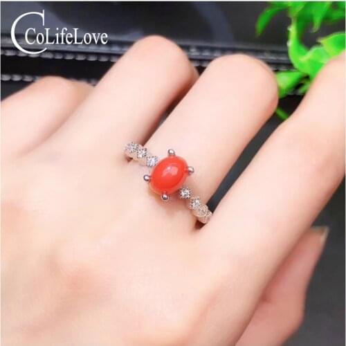 CoLife Jewelry 100% Natural Red Coral Ring for Woman 5mm*7mm Real Precious Coral Silver Ring 925 Silver Coral Jewelry