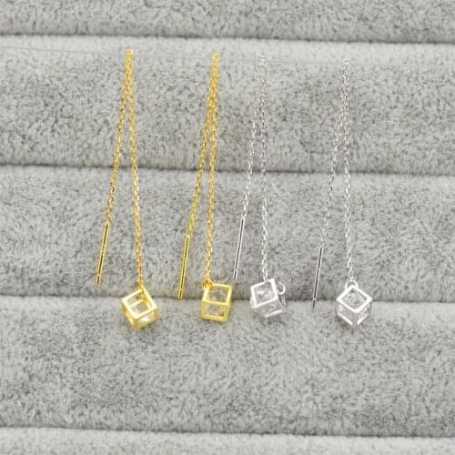 QIAOBEIGE 925 Sterling Silver Long Earrings magic cube with Zircon inside long wire drop Earrings Women, accessory without pearl