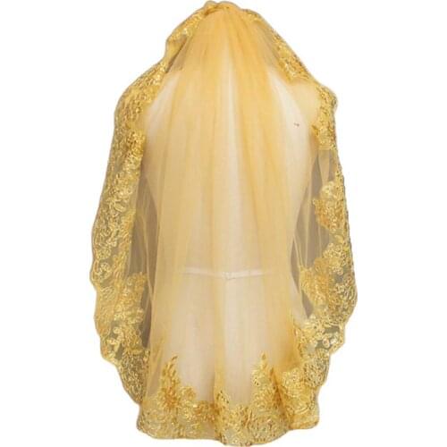 Women Soft Mesh Metallic Gold Sequins Embroidered Lace Vintage Mantilla Wedding Veil Head Covering with Comb Party Costume W0YA