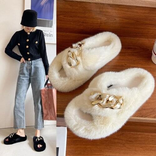 Women Fluffy Slippers Winter Home Non-slip Fur Shoes Parent-child Slip on Metal Decoration Chain Solid Flip Flops Casual Female