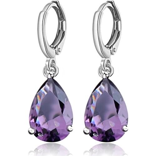 Purple CZ Jewelry silver Color Waterdrop Pendiente Brincos 7 Colors Cubic Zircon Enchanting Hoop earring For Women boucle