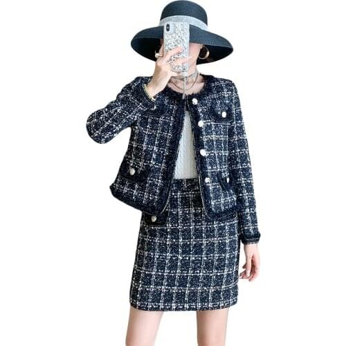 New 2020 Top Quality Autumn Runway Tweed Plaid Two Piece Set Designer Winter Women Jacket Coat + OL Mini Skirt Wool Blend Suits