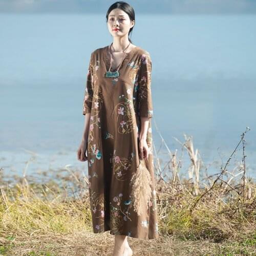 Women Spring V Neck Cotton Linen Half Sleeve Dress Ladies Vintage Printed Retro Dresses Female Print Floral Dress 2020