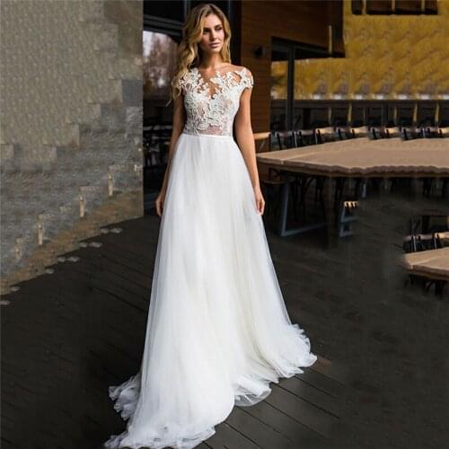 Sheer Short Sleeves Tulle Lace Appliques A-Line Wedding Dresses Custom Made Buttons Back Bridal Gowns Vestidos De Mariee