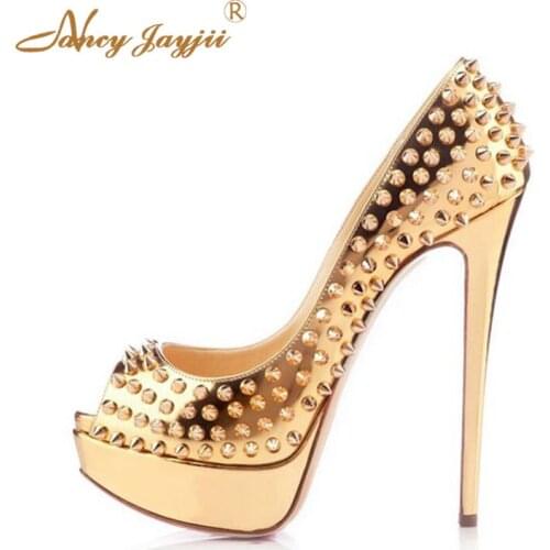 Large Size 32 38 Gold Rivets Peep Toe Stilettos Platform Pumps Woman Super High Thin Heels Female Dance Footwear Fashion Mature