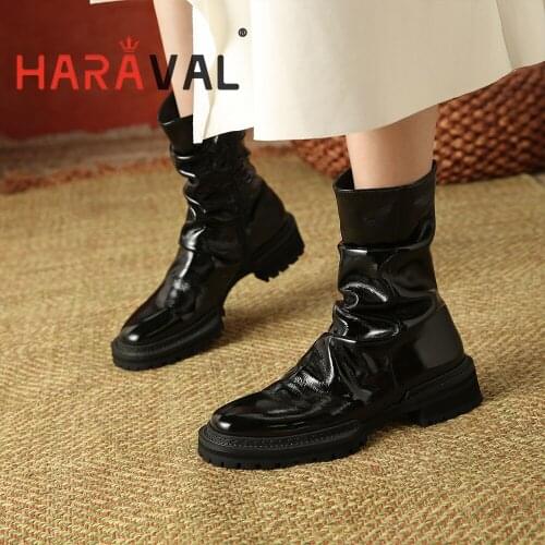 HARAVAL Women Ankle Boots Shoes Genuine Leather Round Toe Black Spring/Autumn Elegant Slip-On Footwear Shoes High Quality E323L