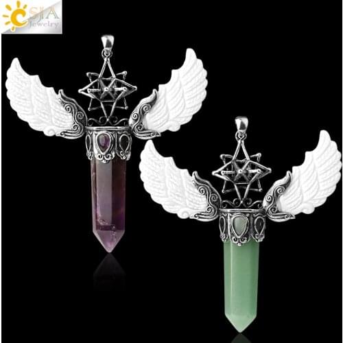 CSJA Merkaba Hexagonal Crystal Necklace Big Natural Stone Pendant Vintage Angel Wing Jewelry Lapis Lazuli Necklaces Collier G657