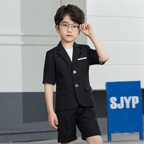 2021 Boys Summer Short Sleeve Jacket+Shorts Suit Kids Formal Wedding Clothing Set Children Prom Performance Costume