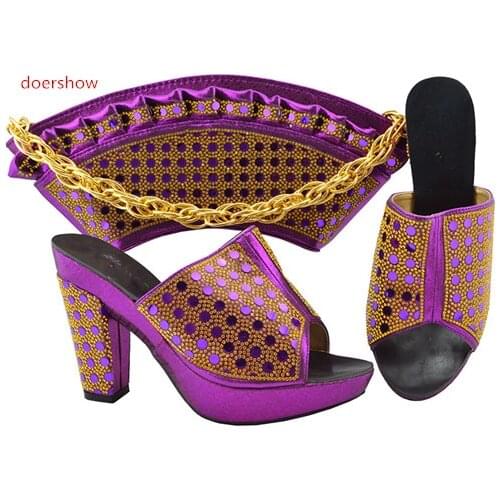 Doershow 2018 New Arrival Italian Pretty purple Rhinestone Shoes And Bag Set For Party Nigerian Shoes And Matching Bags PFG1-35