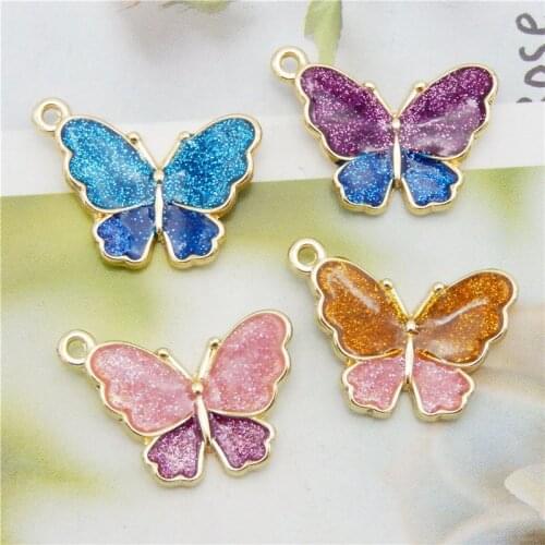 Julie Wang 8PCS Enamel Butterfly Charms Mixed Colors Alloy Gold Tone Sequined Insect Pendant Bracelet Jewelry Making Accessory