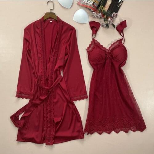2PCS Lace Robe Gown Sets Sexy Womens Bathrobe Nightgown Sleep Suit Spring Kimono Nighty Nightdress Strap Chest Pads Sleepwear