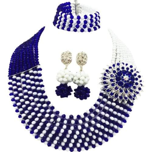 Royal Blue and White African Necklace Beads Jewelry Set Nigerian Wedding Crystal Bridal Party Jewelry Sets 8JBK14