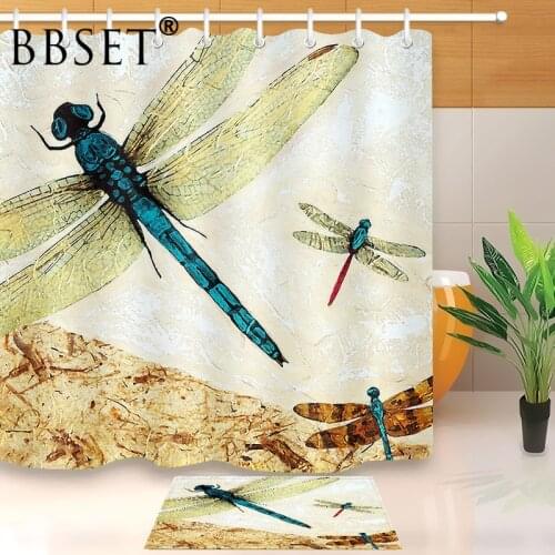 Beautiful Insect Shower Curtain Flying Dragonfly Pattern Waterproof Multi-size Douchegordijn Bathroom Decor with 12 Hooks
