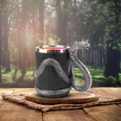 Creative 600ml Stainless Steel Beer Mug 3D Resin Cobra Snake Handle Double Layer Drinking Cup Tankard Coffee Milk Tea Gift