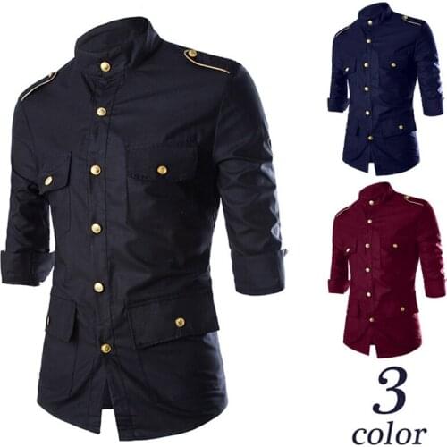 Epaulette Decoration Shirt Mens Long Sleeve Solid Casual Mens Shirt Spring Camisas Cosplay Wedding Dress Camisa Metal Button