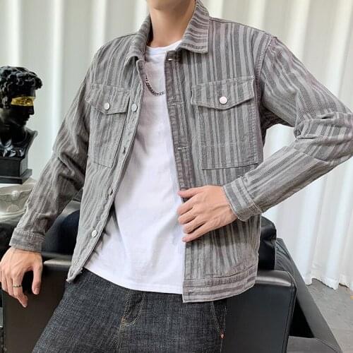 Men Casual Corduroy Cargo Jacket Spring Autumn New Warmth Striped Double Pockets Slim Coat Japan Style Harajuku Streetwear