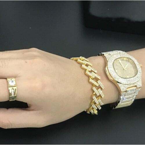 Hip-hop Men Watch Bracelet Crystal Miami Cuban Chain Gold Color Adjustable Men Watch + Bracelet Set Hip Hop For Men