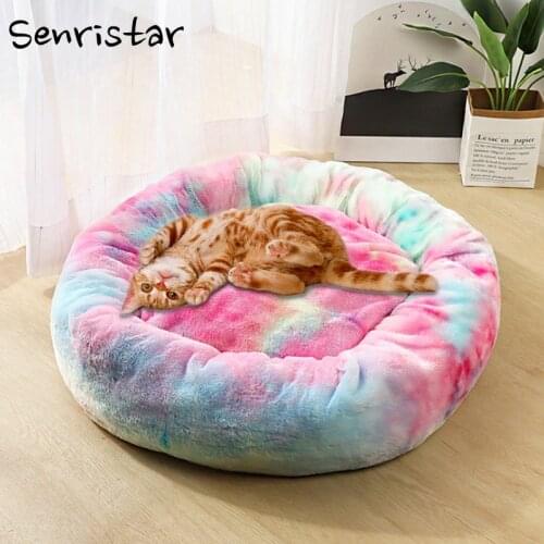 Soft Plush Rainbow Dog Bed For Small Medium Large Dog Cat Winter Warm Lounger Round Kitten Puppy Dog Bed Mat Pet Dog Kennel