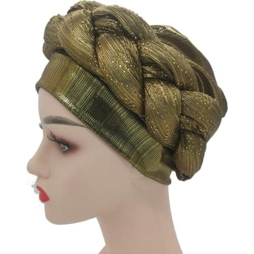 Nigerian Shining Gele Headtie Already Made Aso Oke Auto Gele African Turban Cap Muslim Women Head Wraps Hijab Bonnet
