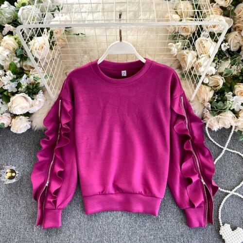 Foamlina New Chic Ruffles Zipper Long Sleeve Sweatshirt Korean Fashion Women Loose Hoodies Casual Streetwear 2020 Autumn Tops