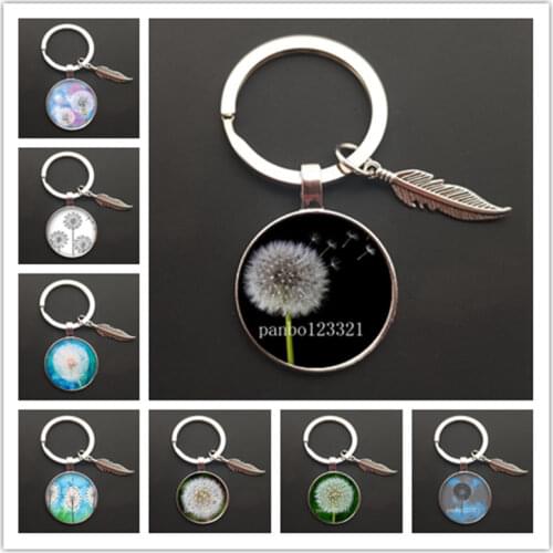 Dandelion Round Silver Color Keychain Key Chain Ring Glass Dome Cabochon Pendant Creative Fashion Jewelry Accessories Gift