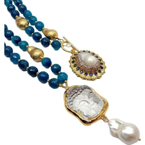 YYGEM 2 strands Faceted Round Blue Agate Nucleated Flameball Baroque Pearl clean Quartz Buddha Head Pendant necklace 20"