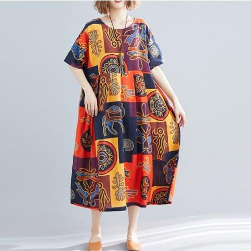 One-Piece Larges Size Summer Dress Women Ethnic Printed Maxi Dress Sundress Robe Female 4XL 5XL 6XL Cotton Linen Dress 2021 New