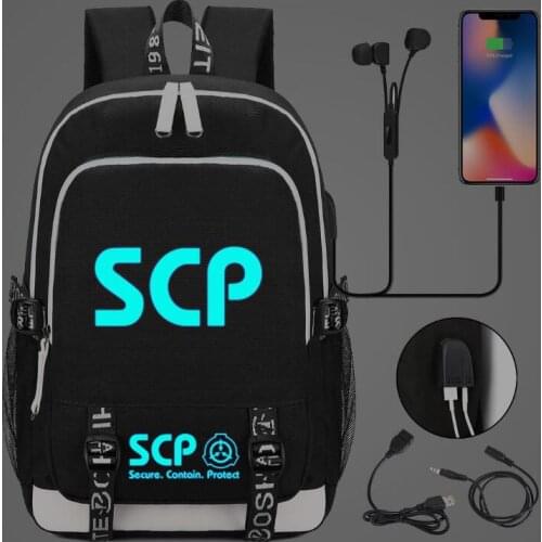 SCP Secure Contain Protect Backpack USB Bag travel School Luminous Book Bag USB teenagers Laptop Zipper bag Glow in the dark