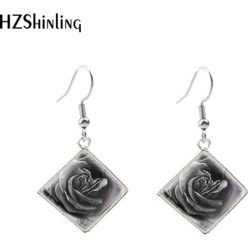 2020 New Rose Flower Earring Pink Purple Yellow Blue Roses Rhombic Earring Glass Dome Photo Jewelry Gifts Girl