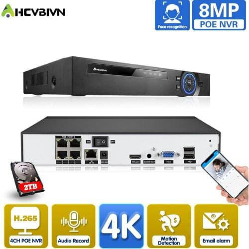 AHCVBIVN 4ch 4K POE NVR Face Recognition H.265+ Onvif Network Video Recorder 1 HDD 24/7 Recording IP Camera Onvif P2P System