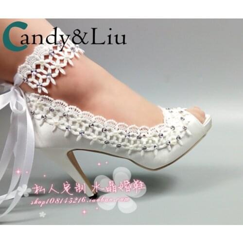 Bride lace flower wedding shoes Pearl rhinestone bridesmaid crystal wedding photography high heel strap fishmouth womens shoes