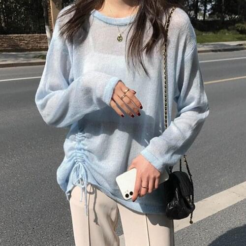 Autumn Women Draw String O Neck Long Sleeve Loose Knit Sweaters Solid Color Lady Casual Thin Pullover Sweater Elegant Sexy Tops