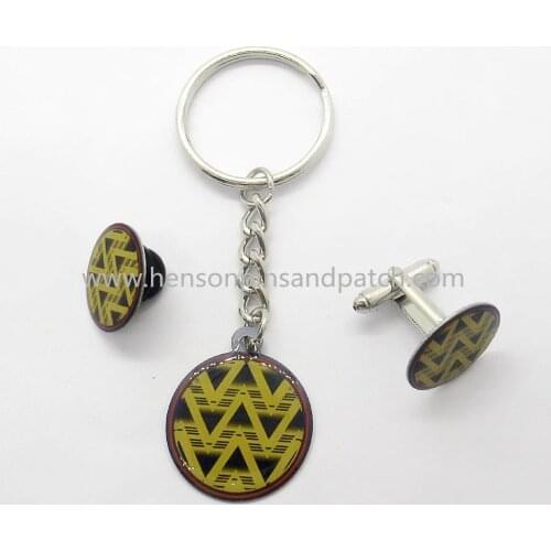 Customized stainless steel printed epoxy pin badge and cuff links and key ring