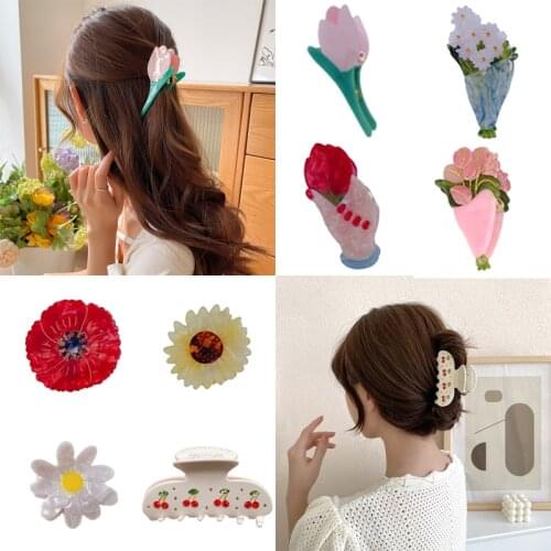 Tulip Acetate Hair Claws for Women Girls High-end Hairpin Influence Fairy Hair Small Shark Clip Headgear Accessories