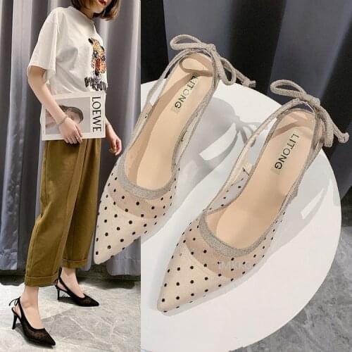 Women Sandals 2021 New Summer Polka Dots Korean Style Pointed Toe Baotou Mesh Sandals Stiletto High Heels Bowtie Female Shoes