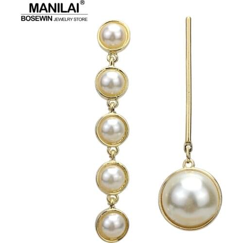 MANILAI 3 Colors Trendy Asymmetric Simulated Pearl Earrings For Women Statement Jewelry Long Drop Dangle Earrings Gift Wholesale