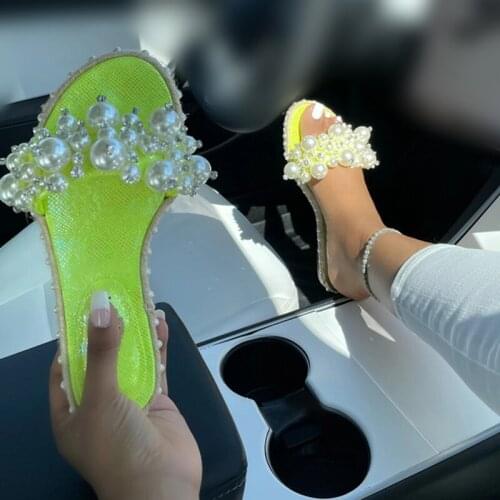 Women Pearl Crystal Slippers Female Hemp Casual Slides Ladies Open Toe Flats Womens Summer Beach Comfortable Shoes Plus Size