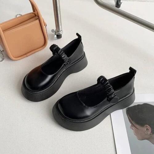 Women Sweet Lolita Chunky Mary Jane Shoes Designer Buckle Strap Black White Leather Flats Ladies Gothic Platform Wedges Loafers