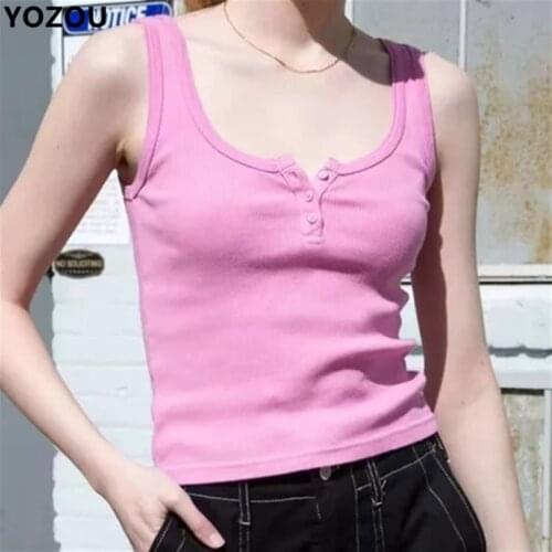 Women solid sweet summer casual vintage 90s retro button up ribbed pink crop top cropped tank tee in 5 colors for famale